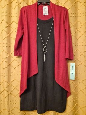 Haani Red And Black Petite Cardigan And Dress Combo With Necklace